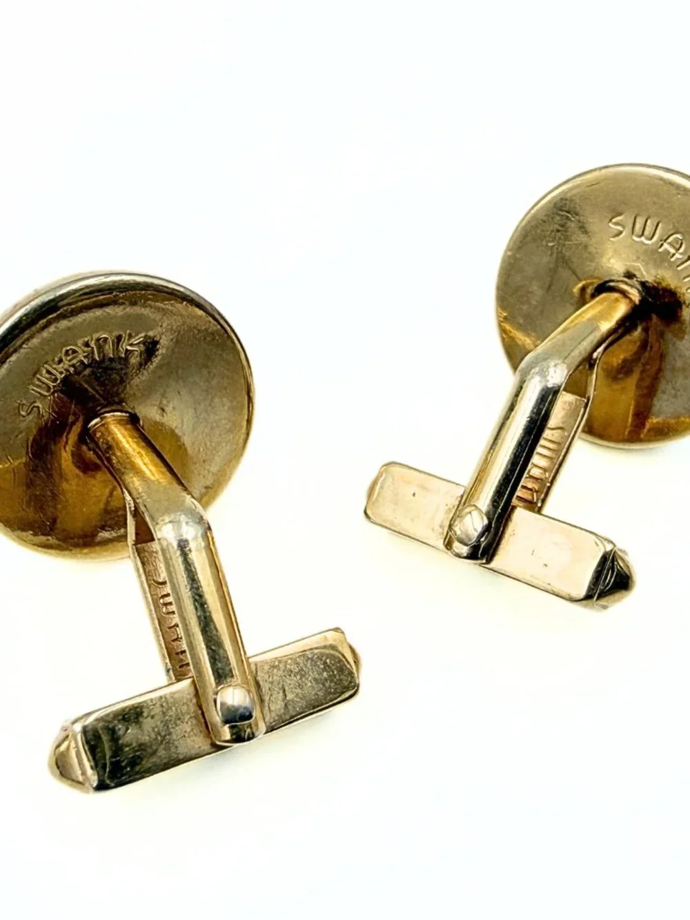 Swank Signed MCM Round Cranberry Red Glass Minimalist Gold Plated Cufflinks